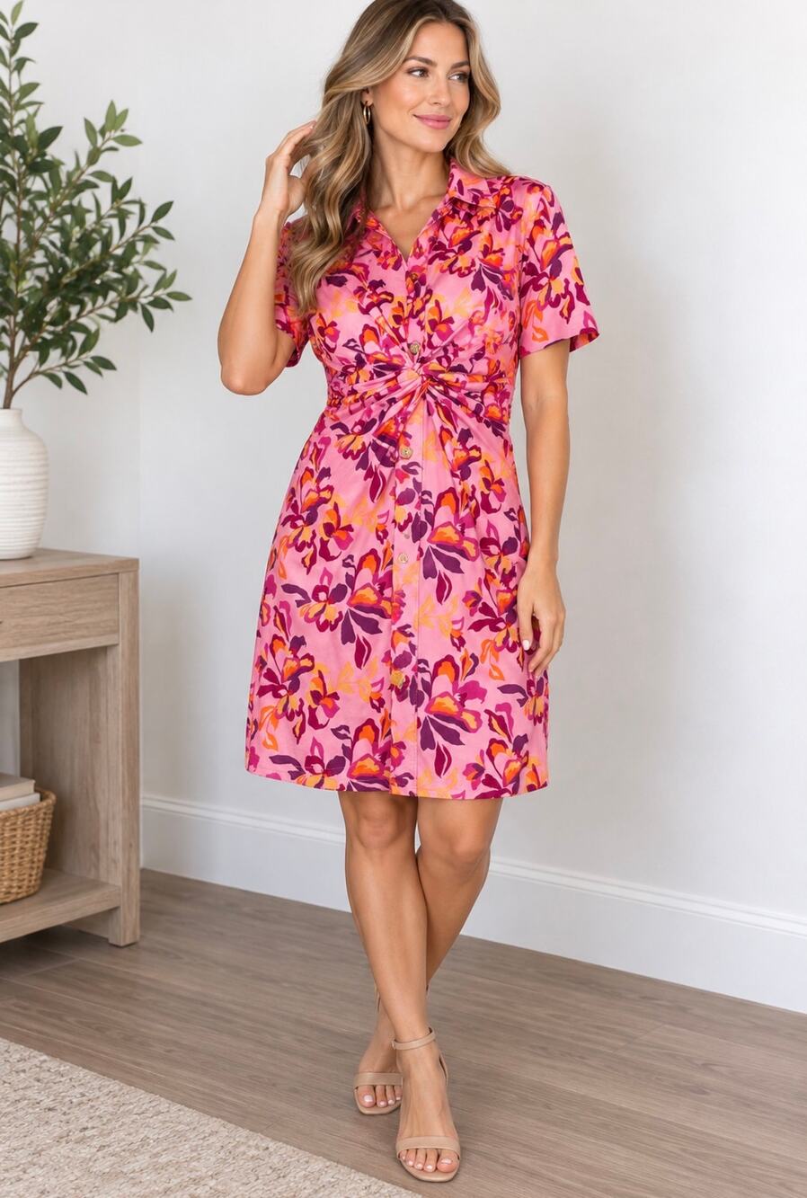 Stella Parker Size S Pink Floral Shirt Dress Twist Front UPF NWT boho